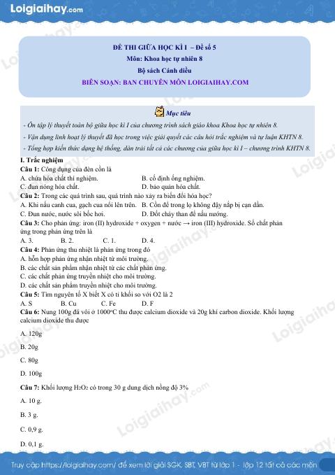 Đề thi giữa học kì 1 KHTN 8 Cánh diều - Đề số 5
